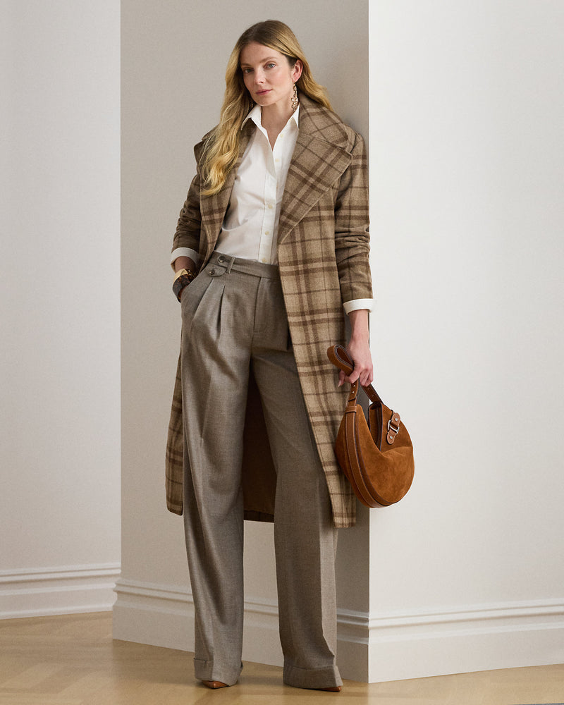 Luxurious Women's Plaid Wool-Blend Twill Wrap Coat: Elegant Belted Design