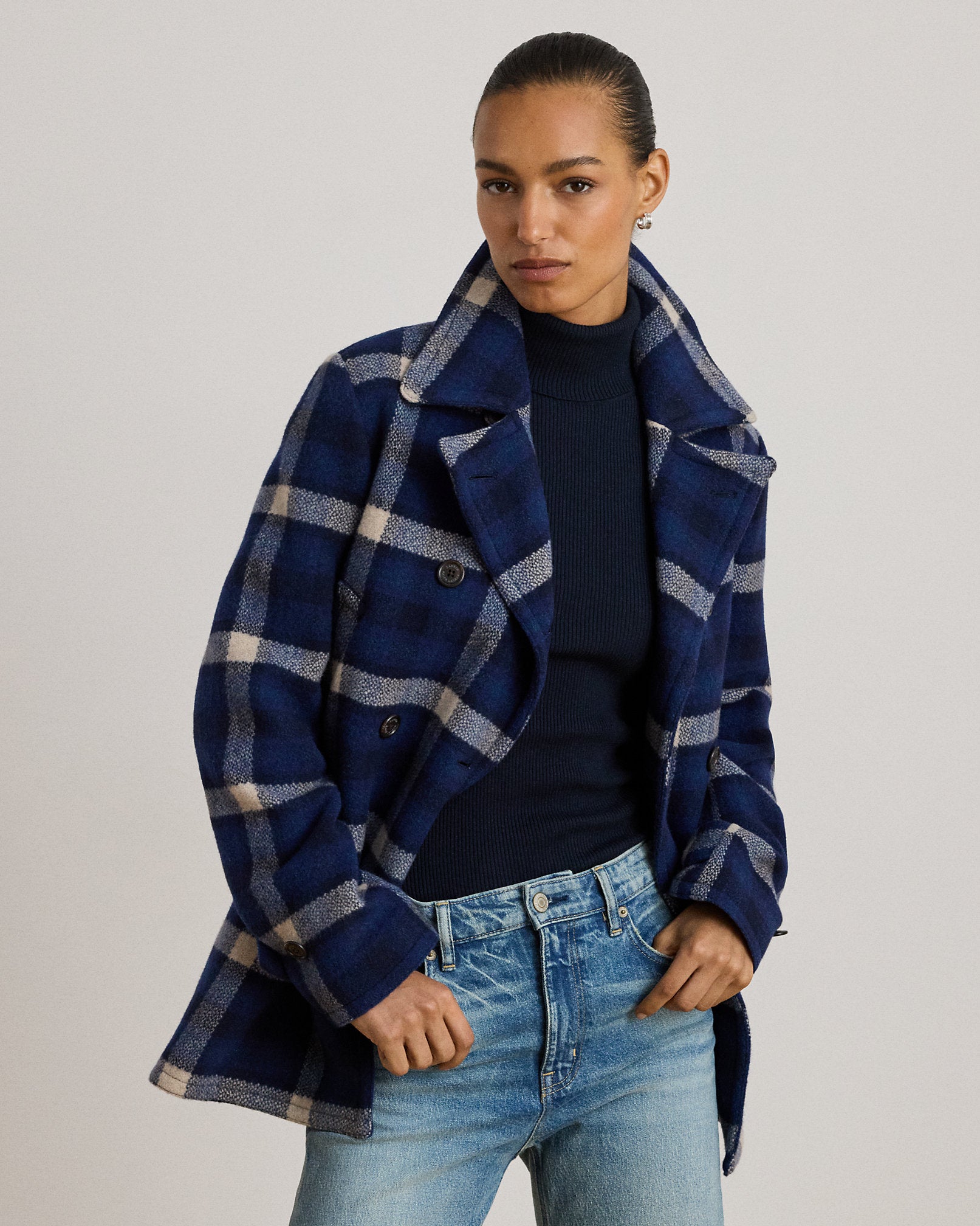 Chic Ralph Lauren Plaid Tweed Double-Breasted Coat for Women's Elegant Style