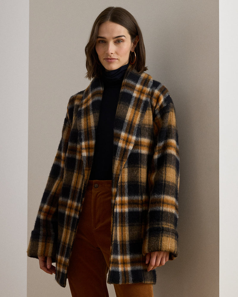 Elegant Plaid Wool-Blend Shawl-Collar Wrap Coat for Women - Luxurious Warmth