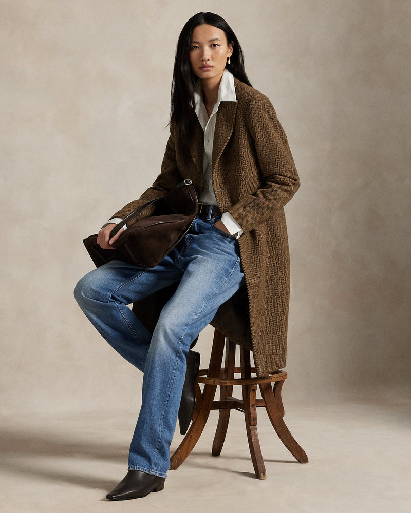 Elegant Ralph Lauren Women's Wool-Blend Herringbone Coat – Cream Grey Classic Style