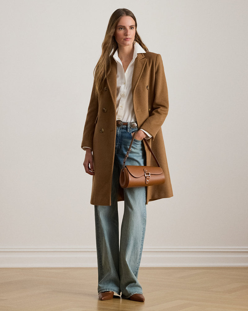 Elegant Women's Wool-Blend Double-Breasted Coat with Engraved Buttons