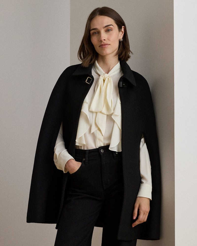Elegant Wool-Blend Buckle-Trim Cape for Women – Classic Style Outerwear