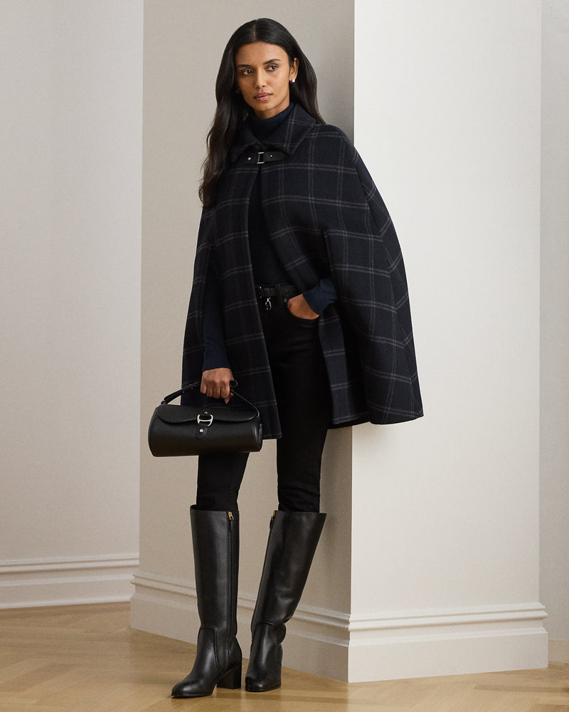 Elegant Windowpane Buckle-Trim Wool-Blend Cape for Women - Chic Outerwear