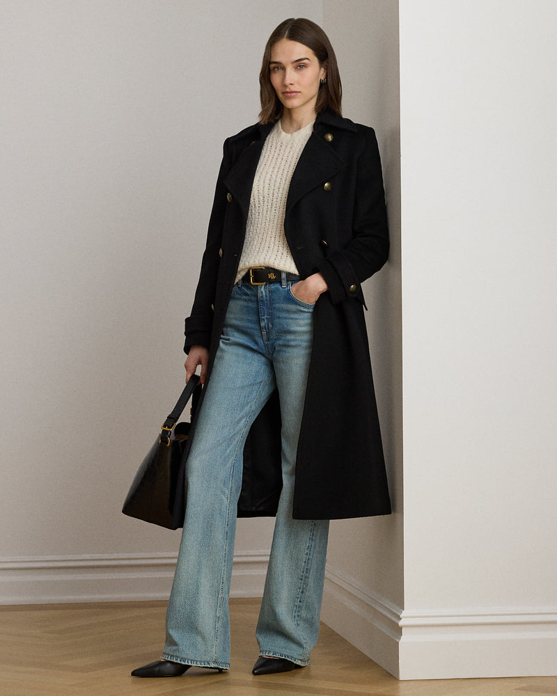 Elegant Ralph Lauren Women's Wool-Blend Double-Breasted Coat with Crest Buttons