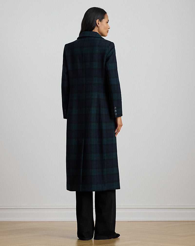Luxurious Double-Breasted Black Watch Plaid Wool-Blend Maxi Coat for Women