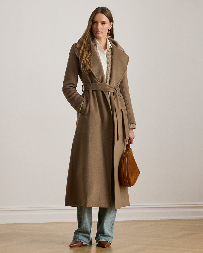 Elegant Women's Wool-Blend Wrap Maxicoat with Oversize Notch Lapels
