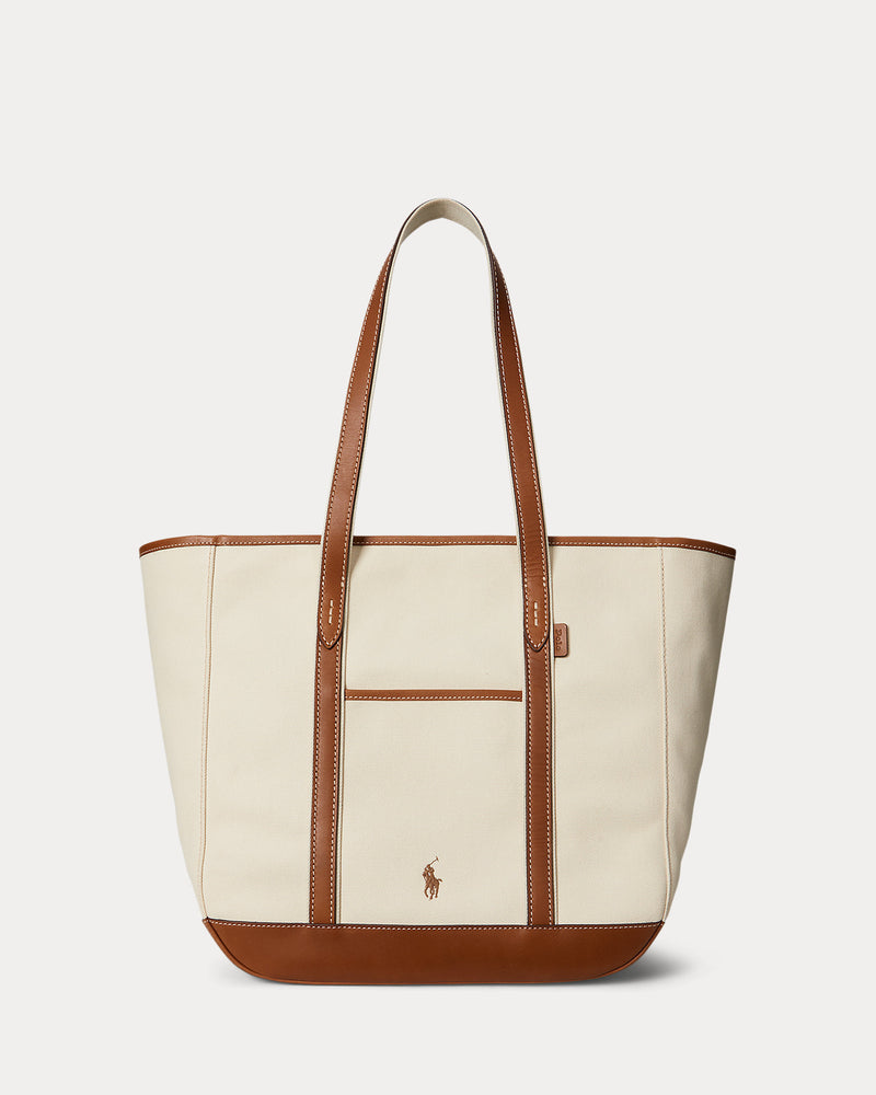 Ralph Lauren Medium Canvas Shopper Tote Bag - Durable Leather Trim, Spacious Everyday Carryall