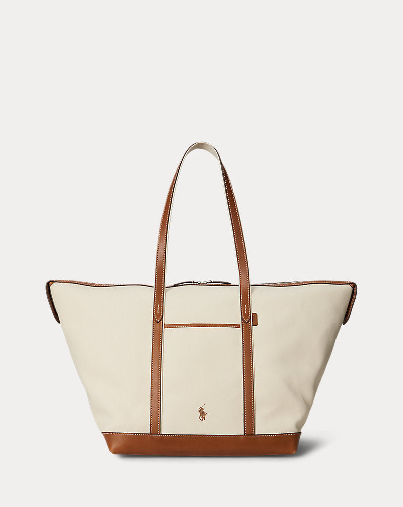 Charming Polo Bear Canvas Small Shopper Tote with Leather Trim, Iconic Design