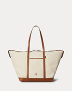 Charming Polo Bear Canvas Small Shopper Tote with Leather Trim, Iconic Design