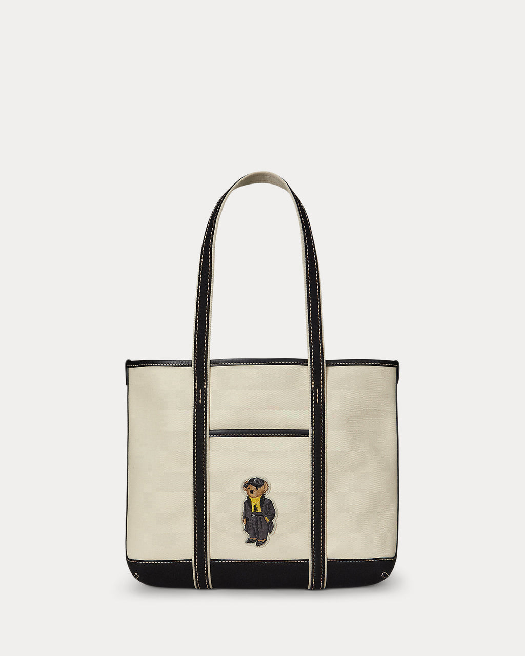 Charming Polo Bear Canvas Small Shopper Tote with Leather Trim, Iconic Design