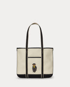 Charming Polo Bear Canvas Small Shopper Tote with Leather Trim, Iconic Design