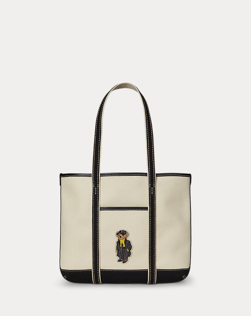 Charming Polo Bear Canvas Small Shopper Tote Bag with Durable Leather Trim