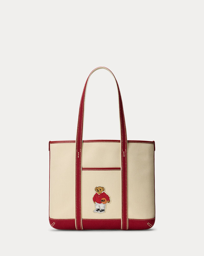 Charming Polo Bear Canvas Small Shopper Tote with Leather Trim, Iconic Design