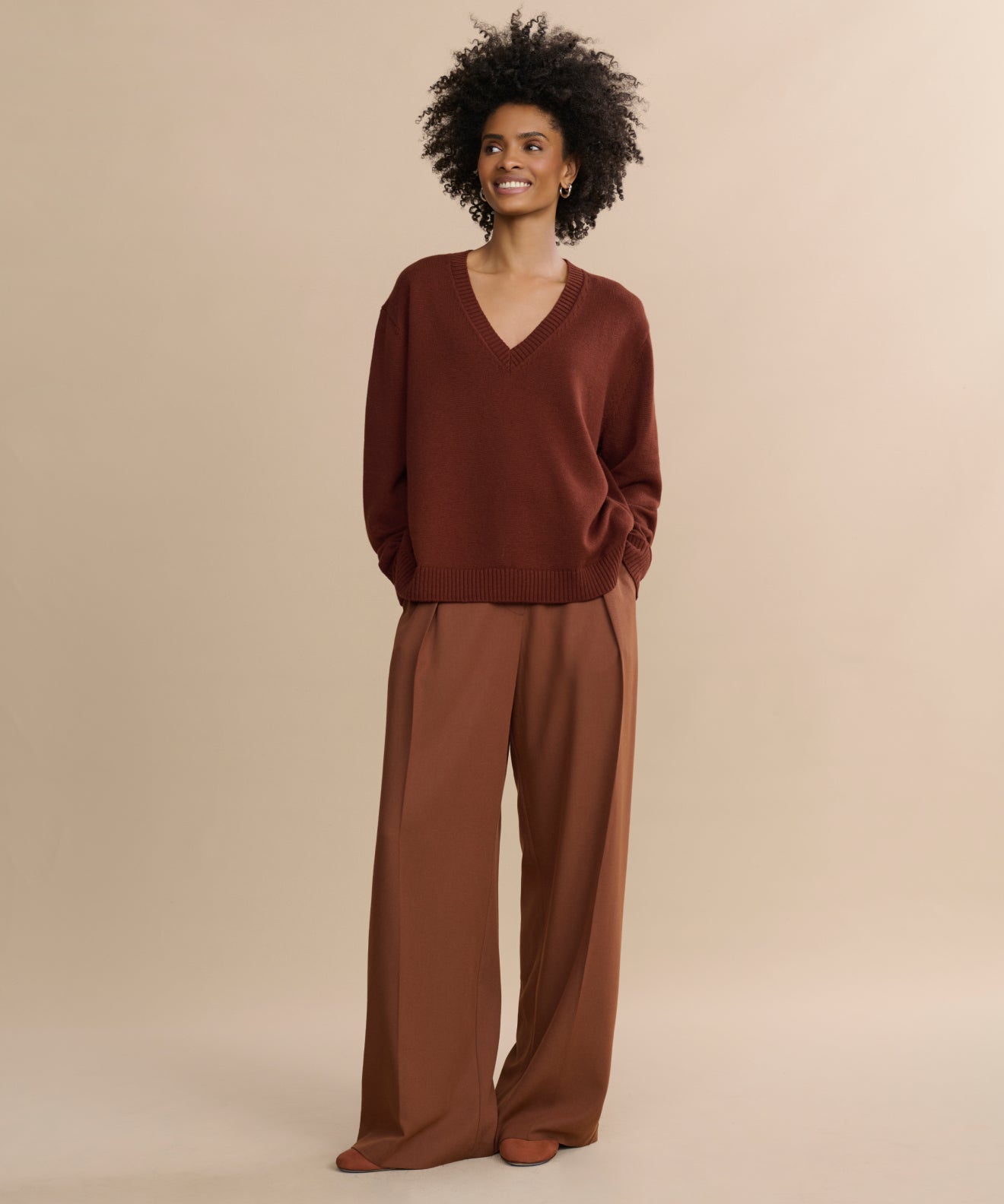 Simone V-Neck Rust Cotton Merino Sweater - Soft, Breathable, Relaxed Luxury