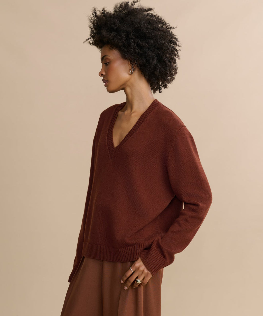 Simone V-Neck Rust Cotton Merino Sweater - Soft, Breathable, Relaxed Luxury