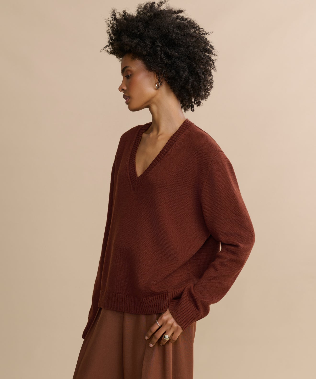 Simone V-Neck Rust Cotton Merino Sweater - Soft, Breathable, Relaxed Luxury