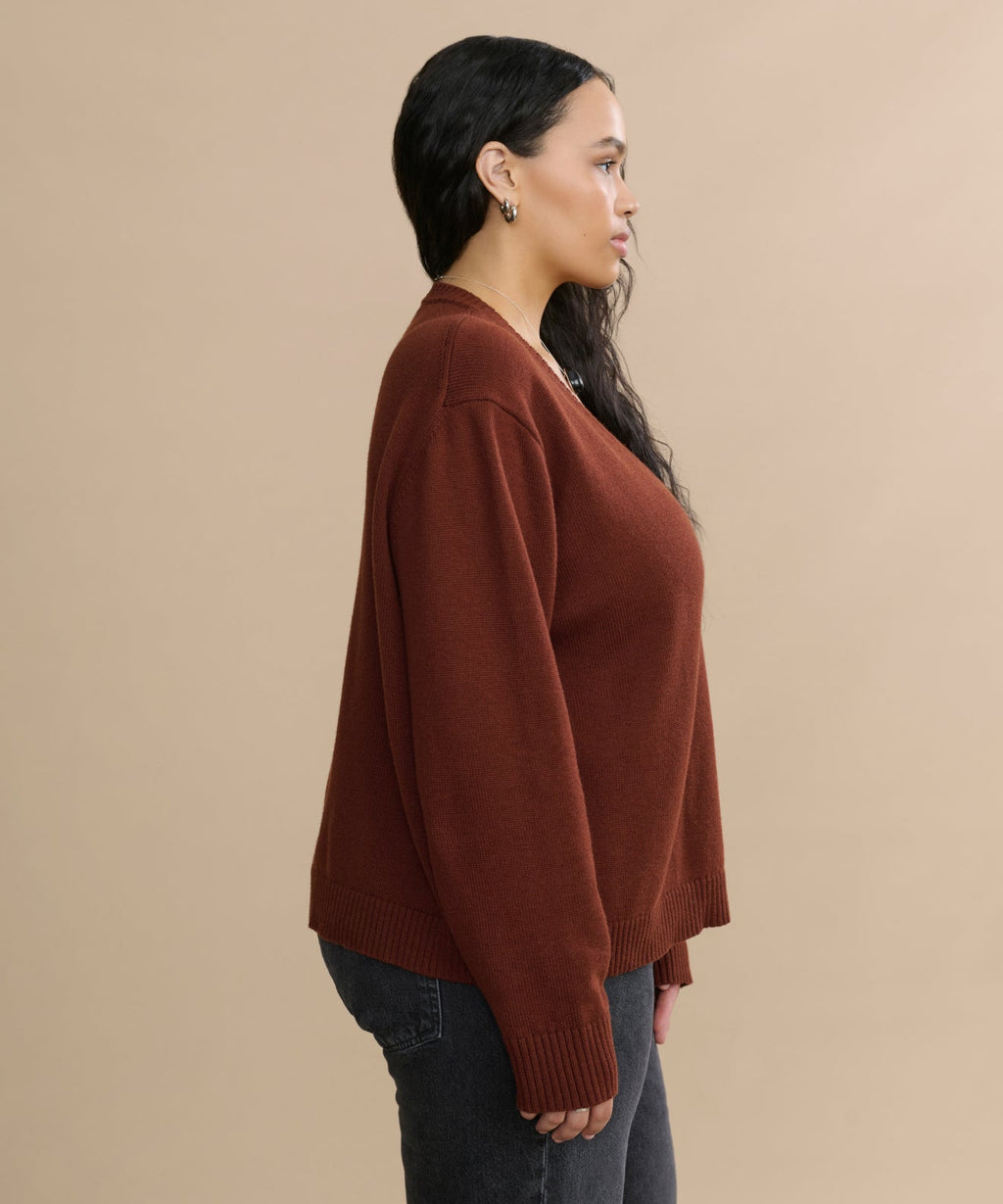 Simone V-Neck Rust Cotton Merino Sweater - Soft, Breathable, Relaxed Luxury