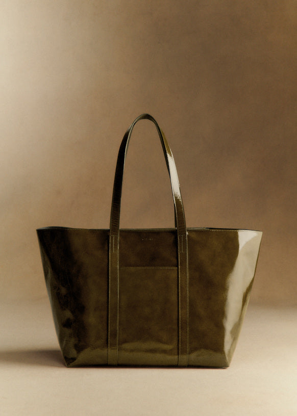 Sezane Gabin Patent Olive Green Leather Shoulder Bag - Chic Everyday Tote