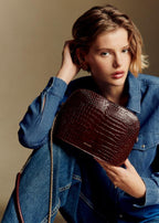 Chic Half-Moon Black Crocodile Embossed Leather Victor Bag Gold Chain Handle